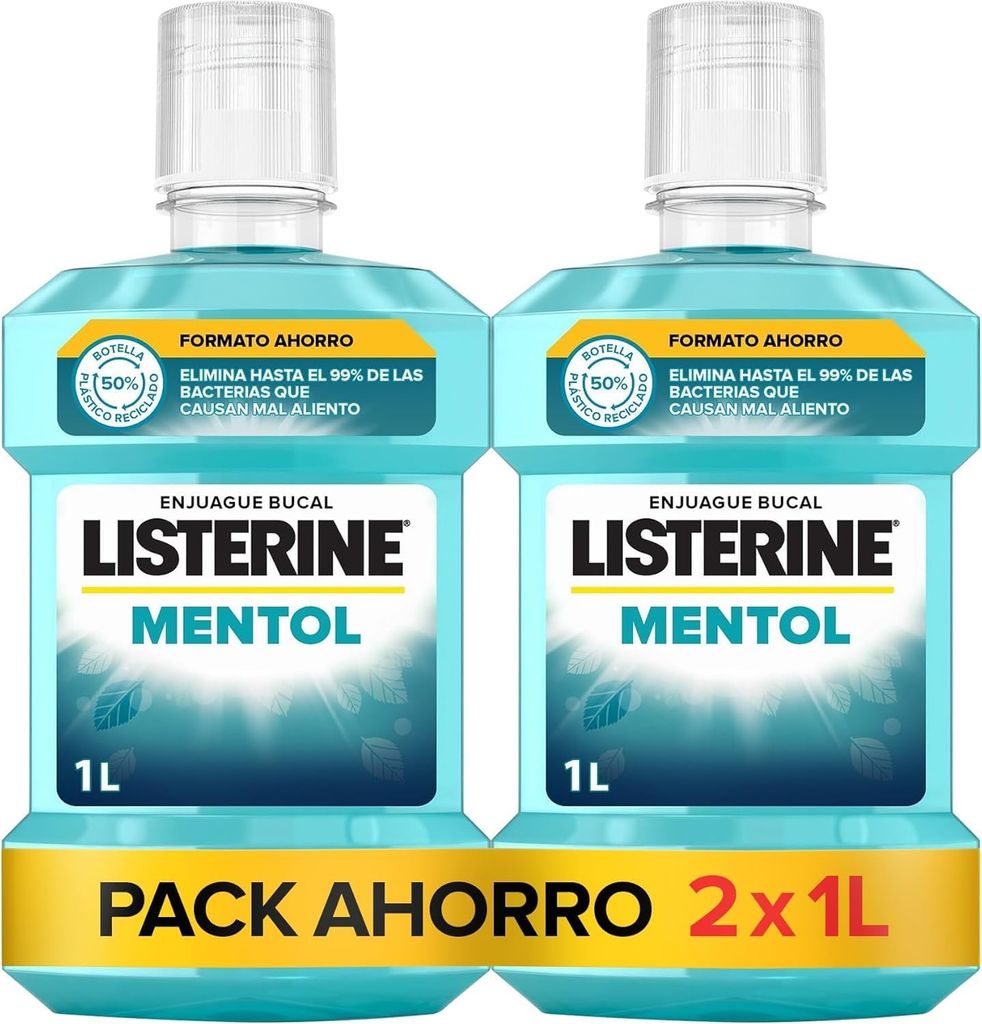 Imagen de: Listerine Mentol (pack de 2 x 1 L), enjuague bucal con flúor, colutorio bucal con 24 horas de protección, elixir bucal mentolado para un aliento fresco duradero