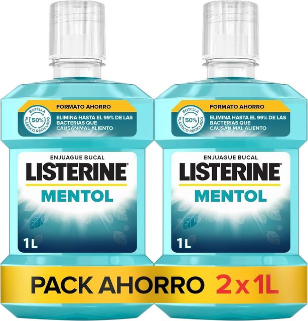 Imagen de la oferta: Listerine Mentol (pack de 2 x 1 L), enjuague bucal con flúor, colutorio bucal con 24 horas de protección, elixir bucal mentolado para un aliento fresco duradero