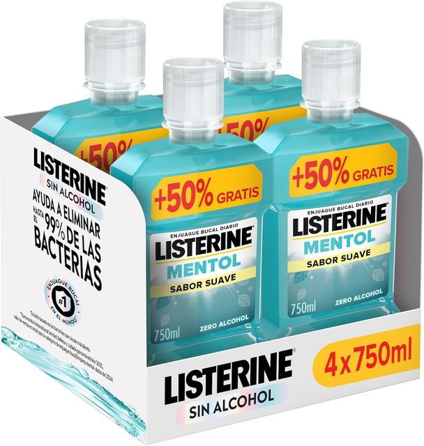 Imagen de la oferta: Listerine Mentol Sabor Suave (4x750 ml), enjuague bucal con flúor, colutorio encías con 24 h de protección y 0% alcohol, enjuague bucal sin alcohol para un aliento fresco