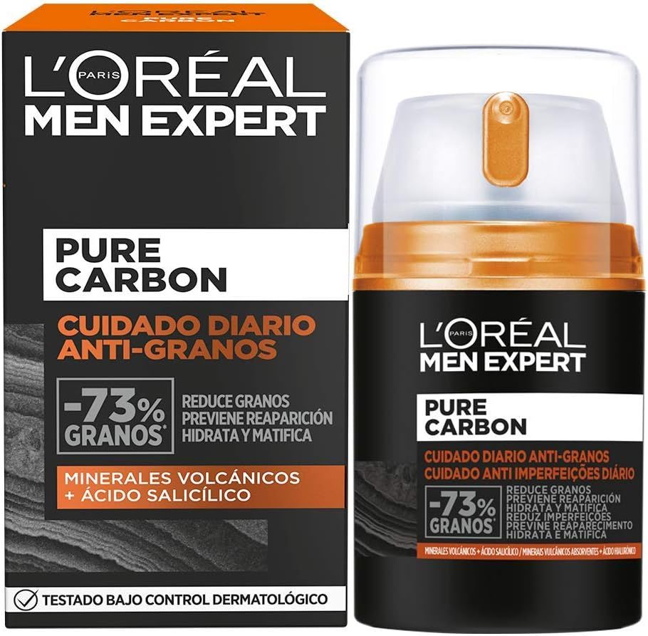 Imagen de: L'Oréal Paris Men Expert Crema Cuidado Diario Anti-Granos Pure Carbon, Reduce Imperfecciones, Hidrata y Matifica el Rostro, Con Minerales Volcánicos y Ácido Salicílico, 50 ml