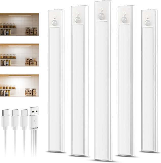 Imagen de la oferta: 5 Pack 30CM Luces led Cocina Recargables, Luz Armario Sensor Movimiento Atenuable tipo C carga, Blanco frío Luz Sensor Movimiento Interior, Lampara Led para estantería, armario de escaleras