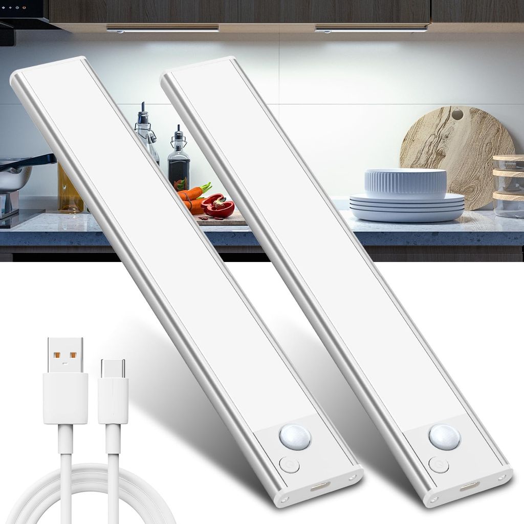 Imagen de: Luz LED Sensor Movimiento Cocina - Armario Luces Pilas Adhesiva Recargable Lampara sin Cables Bajo Mueble Interior Armarios Tira Lamparas Magnetica Pared Barra Light Iluminacion Inalambrica Lights USB