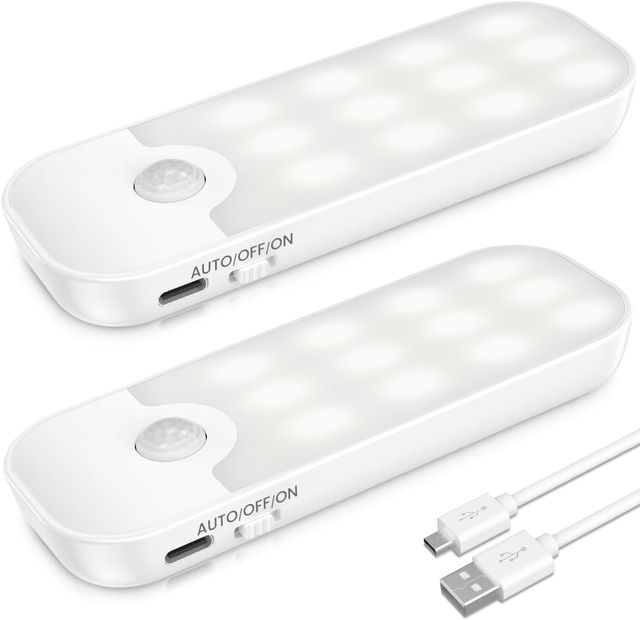 Imagen de la oferta: Luz Nocturna con Sensor de Movimiento, [2 Piezas] 24 LED Luz de Armario Recargable con 3 Modos, Luz de Noche Blanca Cálida y Suave para Habitación de Niños, Dormitorio, Pasillo, Cocina, Escaleras