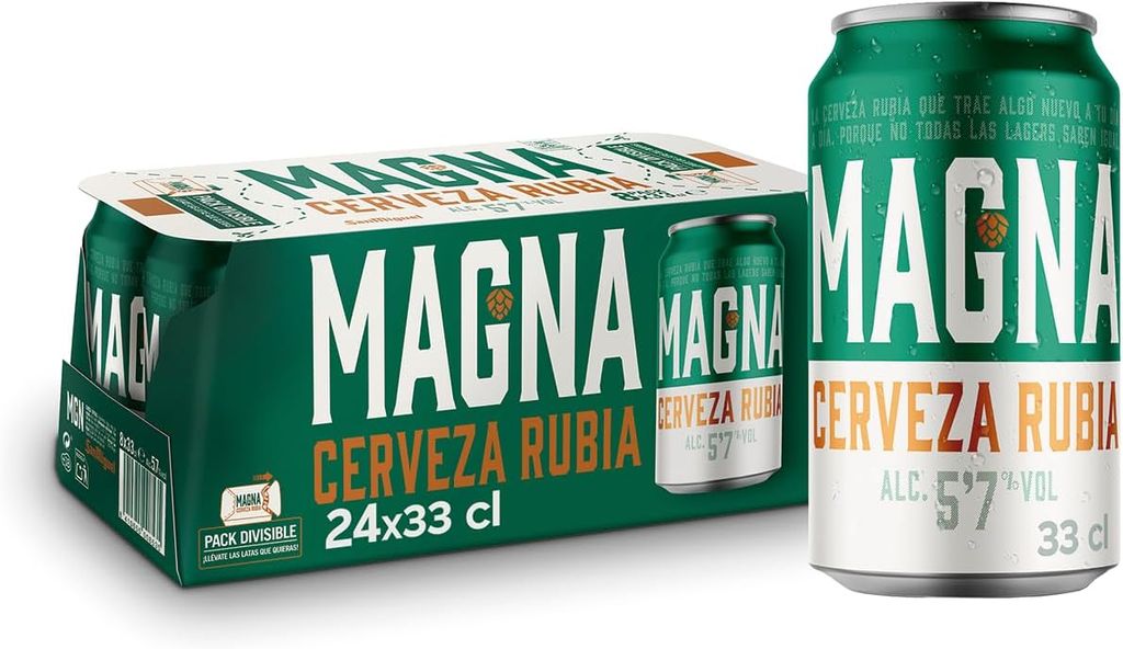 Imagen de: Magna cerveza Pack 24 Latas x 330ml, Refrescante Dorada Lager con Sabor Intenso y Carácter Único, 5.7% Volumen de Alcohol