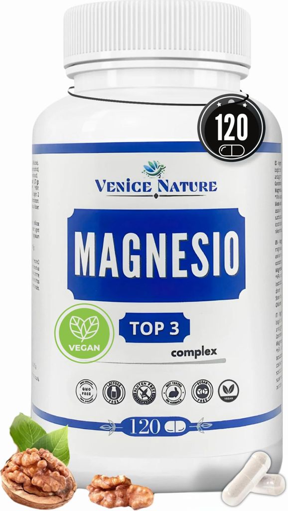 Imagen de: Magnesio Complex Bisglicinato + Citrato y Óxido 400mg Elemental dosis diaria, Magnesio 3, 120 Cápsulas Vegan Triple Magnesium Complex Glicinato Alta Biodisponibilidad, Vegano - Venice Nature