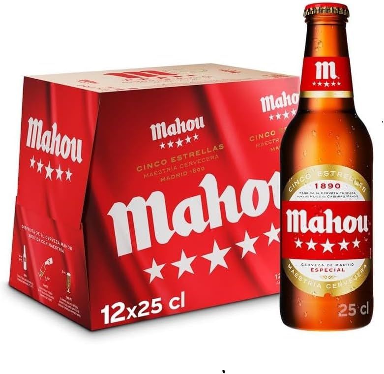 Imagen de: Mahou 5 Estrellas, Pack de 12 Botellas x 25 cl, Cerveza Especial Dorada Lager, Sabor 5 Estrellas, 5,5% Volumen de Alcohol