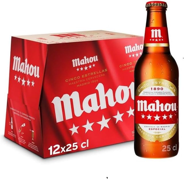 Imagen de la oferta: Mahou 5 Estrellas, Pack de 12 Botellas x 25 cl, Cerveza Especial Dorada Lager, Sabor 5 Estrellas, 5,5% Volumen de Alcohol
