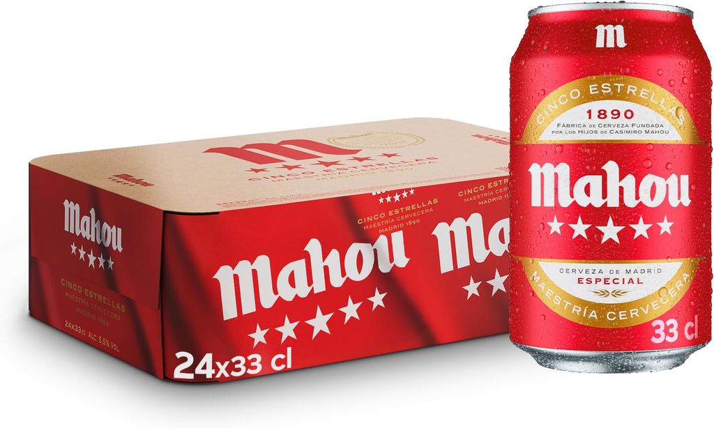 Imagen de: Mahou 5 Estrellas, Pack de 24 Latas x 33 cl, Cerveza Especial Dorada Lager, Sabor 5 Estrellas, 5,5% Volumen de Alcohol