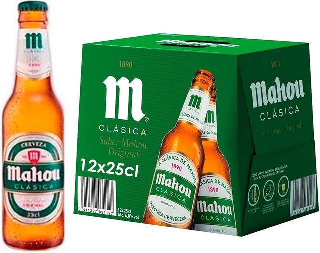 Imagen de la oferta: Mahou Clásica, Pack 12 Botellas x 25cl, Cerveza Dorada Lager, Auténtica Cerveza Mahou Con Sabor Suave, Refrescante y Con Espuma Consistente, 4.8% Vol. Alcohol