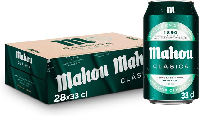 Imagen de la oferta: Mahou Clásica, Pack 28 Latas x 33cl, Cerveza Dorada Lager, Auténtica Cerveza Mahou Con Sabor Suave, Refrescante y Con Espuma Consistente, 4.8% Vol. Alcohol