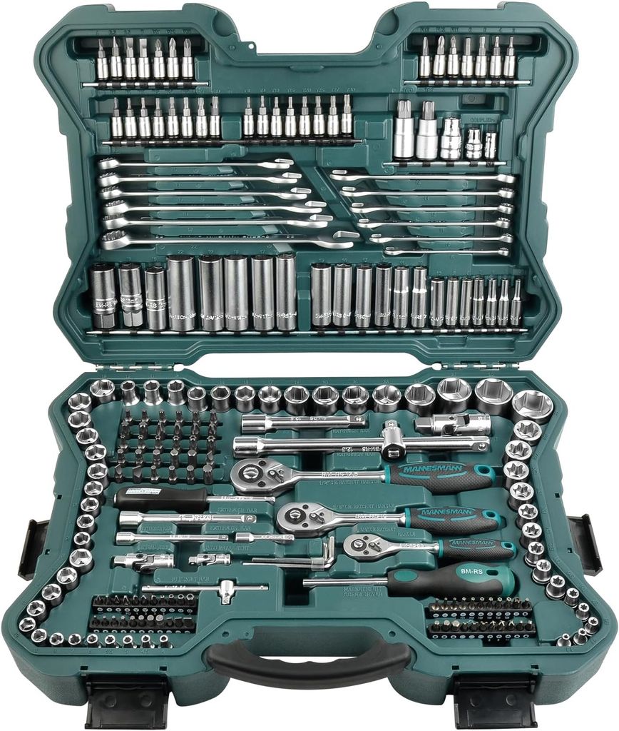 Imagen de: Mannesmann M98430 - Maletín con llaves de vaso y otras herramientas (215 piezas, tamaño: 12x36x51 cm), Color Verde Mannesmann