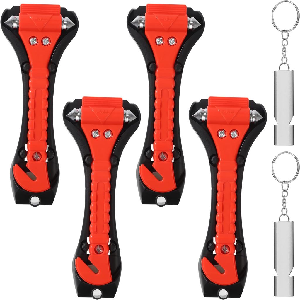 Imagen de: 4 Pcs Martillo Rompe Cristales Coche y Cortador de Cinturón de Seguridad,2en 1 Kit Emergencia Coche con 2 Silbato,Martillo Rompe Cristales Coche,para Coches,Autobuses,Camiones (4)