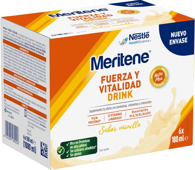 Imagen de la oferta: Meritene, Fuerza y Vitalidad Drink, Sabor Vainilla, Listo para Tomar, Fuerza para tus Músculos, Vitalidad para ti, Batido con Proteínas, Vitaminas y Minerales, 6 Unidades, 180 ml