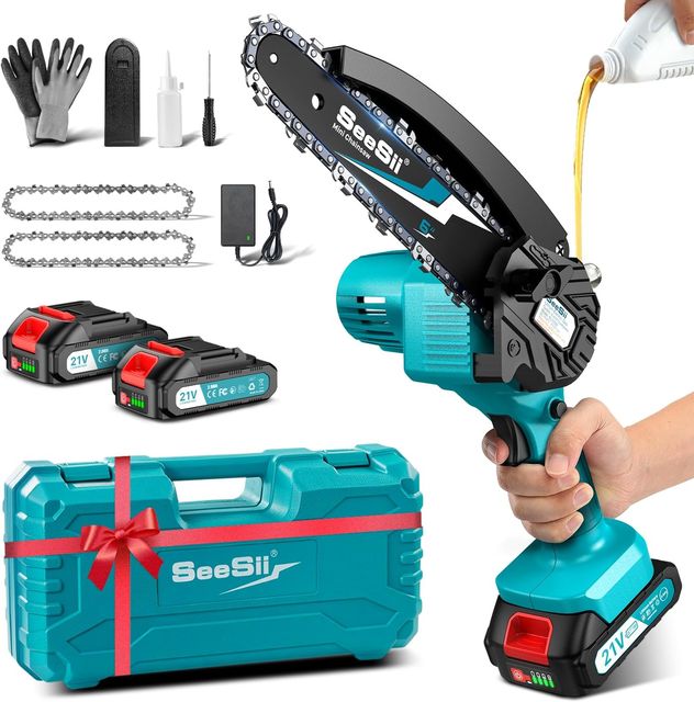 Imagen de la oferta: SEESII 6'' Mini Motosierra Bateria 2000mAh, 900W Sierra Eléctrica Bateria con Depósito Para El Aceite y Cadena Reemplazable, Motosierra Inalámbrica Portátil para Podar Árboles de Jardinería