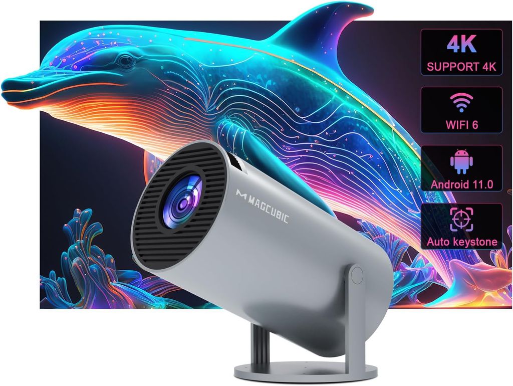 Imagen de: Gris Mini proyector portátil Auto Keystone, proyector Inteligente 4K/ 200 ANSI con WiFi 6, BT 5.4, Pantalla de 130 Pulgadas, Giro de 180 Grados, Sistema operativo Android Integrado 14.0