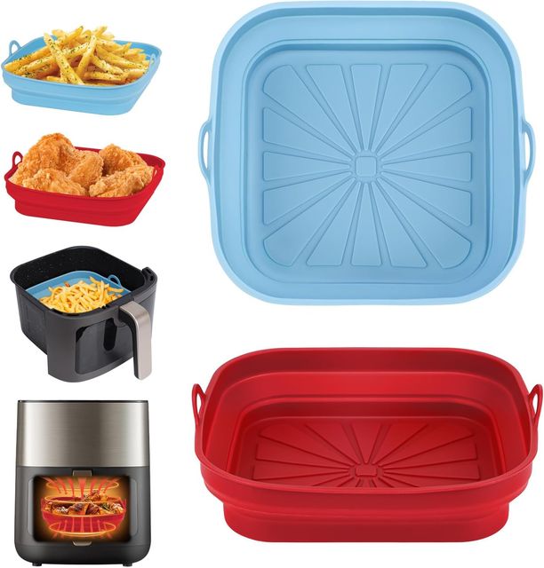 Imagen de la oferta: Alyvisun Moldes Silicona Freidora de Aire, 2 Piezas Bandeja Accesorios para Freidora sin Aceite Reutilizable Recipientes Cuadrado Cesta Utensilios para Air Fryer, Microondas, Horno (Rojo+Azul Cielo)