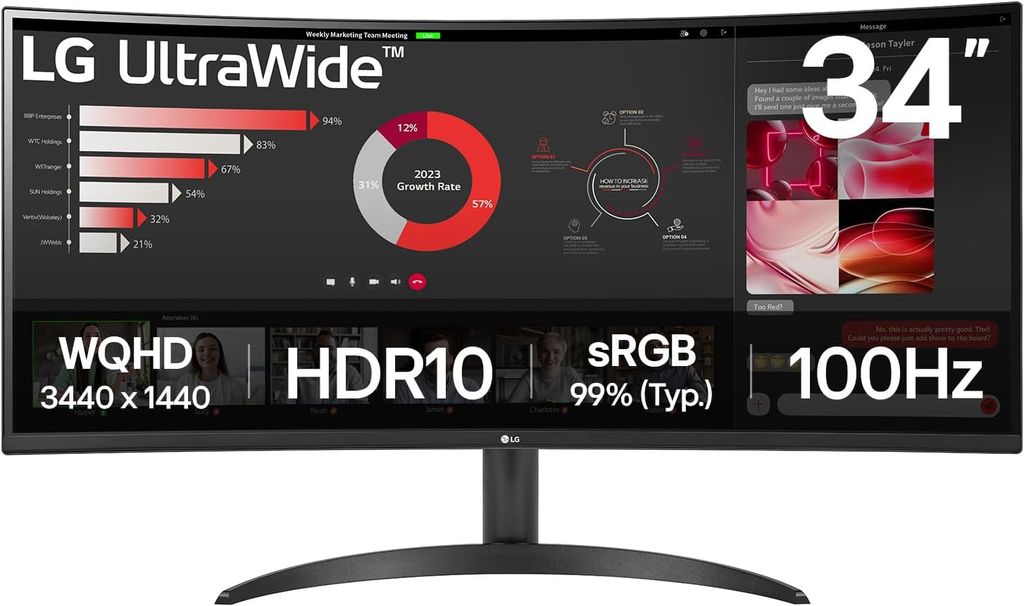 Imagen de: LG 34WR50QK-B - Monitor UltraWide Curvo, 34", QHD: (3440x1440px), 21:9, ADM FreeSync Premium, Multiposición, Negro