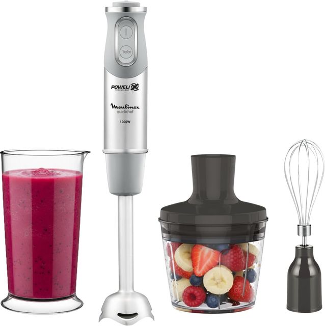 Imagen de la oferta: Moulinex QuickChef, Batidora de Mano 1000 W, Regulador de 10 Velocidad Turbo, 3 Accesorios para Picar y Montar y Vaso Medidor, Cúpula Antisalpicaduras, Acero Inoxidable, DD655D