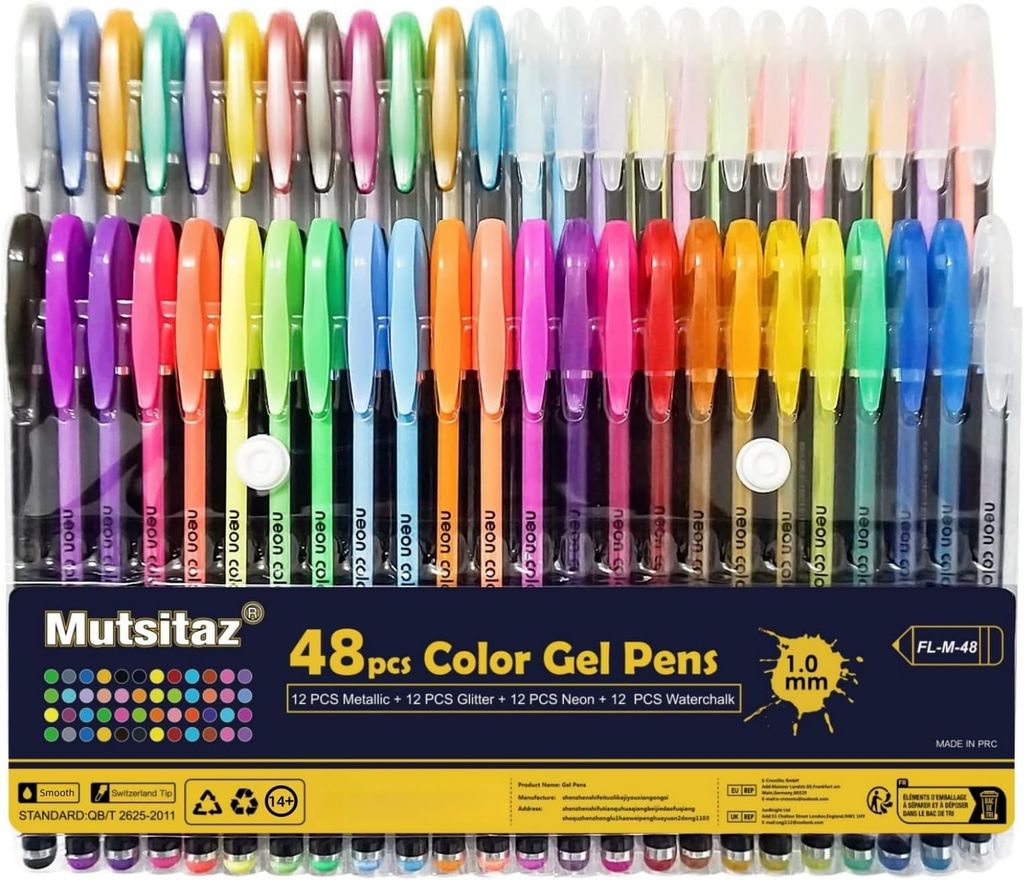 Imagen de: Mutsitaz 48 Colores Bolígrafos de Gel para adultos - Incluye purpurina, metálico, neón y clásicos - Para scrapbooking, colorear, dibujar y artesanal