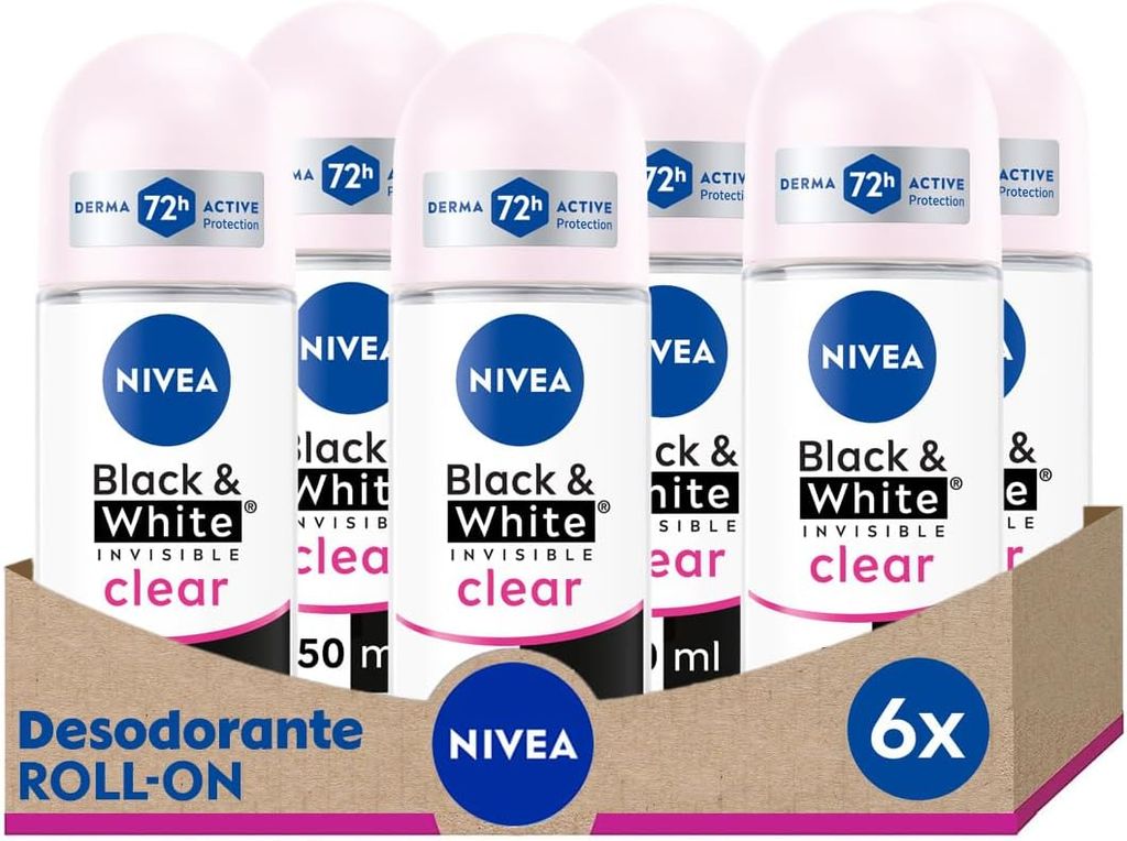 Imagen de: NIVEA Black & White Invisible Original Roll-on en pack de 6 (6 x 50 ml), antitranspirante para una piel suave con fragancia, desodorante roll on para proteger la ropa