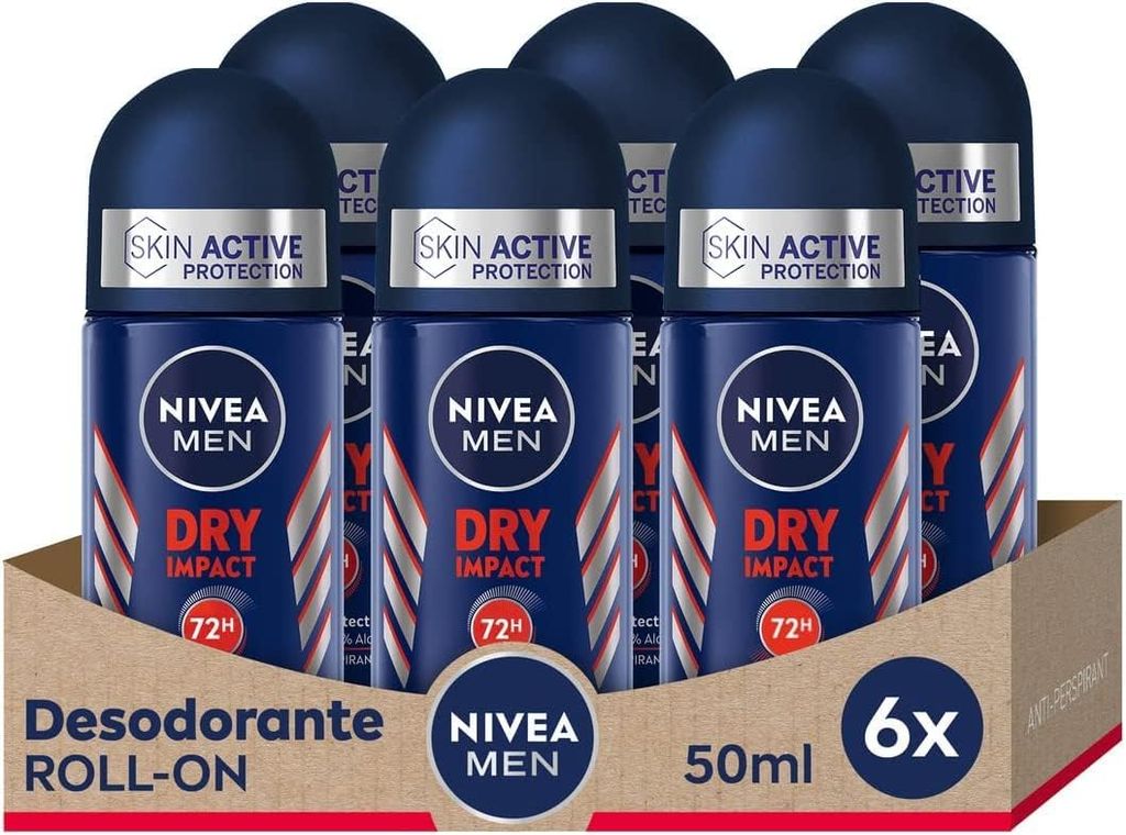 Imagen de: NIVEA MEN Dry Impact - Desodorante Antitranspirante para Hombre Roll-on - 72h de Protección Fiable contra el Sudor - Sin Alcohol - Con 2 Activos Antibacterianos - Todo tipo de Piel - Pack de 6 x 50 ml