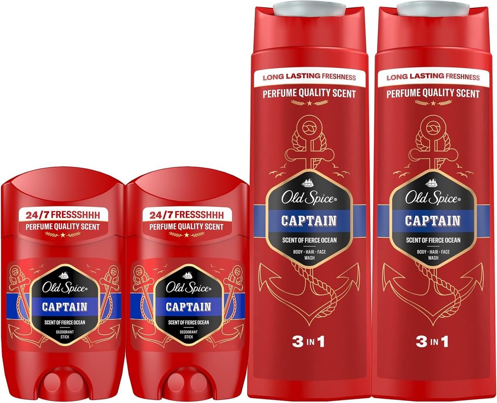 Imagen de: Old Spice Captain Desodorante En Barra 2x50ml + Gel Y Champú Para Hombres, 3 En 1 2x400ml