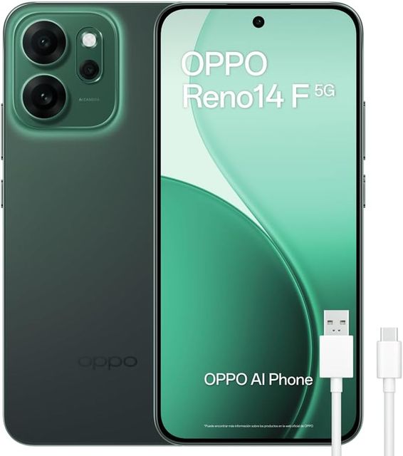 Imagen de la oferta: OPPO Reno14 5G – Smartphone Libre con IA, 8GB RAM + 256GB, Cámara Triple 50MP, Batería 6000mAh, Carga Rápida 45W, Pantalla AMOLED 120Hz, IP69, Dual SIM, Android, Versión Española - Luminous Green