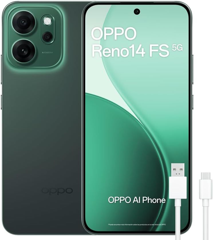 Imagen de: OPPO Reno14 FS 5G – Smartphone Libre con IA, 12GB RAM + 512GB, Cámara Triple 50MP, Batería 6000mAh, Carga Rápida 45W, Pantalla AMOLED 120Hz, IP69, Dual SIM, Android, Versión Española - Luminous Green