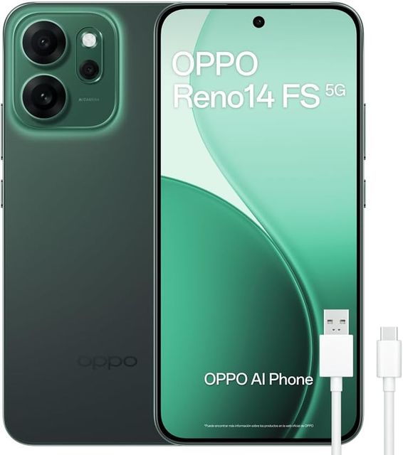 Imagen de la oferta: OPPO Reno14 FS 5G – Smartphone Libre con IA, 12GB RAM + 512GB, Cámara Triple 50MP, Batería 6000mAh, Carga Rápida 45W, Pantalla AMOLED 120Hz, IP69, Dual SIM, Android, Versión Española - Luminous Green