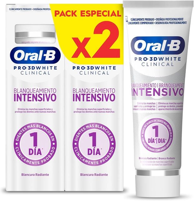 Imagen de la oferta: Oral-B Pro 3D White Clinical Blanqueamiento Intensivo Pasta De Dientes Blanqueadora, Elimina Las Manchas Superficiales, Dentífrico Blanqueante Con Sabor a Menta Siempreverde, 75 ml (Paquete de 2)