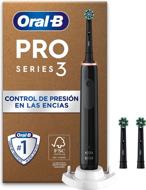 Imagen de la oferta: Oral-B Pro 3 Cepillo de Dientes Eléctrico Negro con Mango Recargable y 3 Cabezales, 3 Modos De Cepillado Con Modo Sensible, Temporizador, Diseñado por Braun, Regalos Originales para Mujer y Hombre