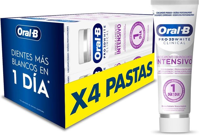 Imagen de la oferta: Oral-B Pro 3D White Clinical Blanqueamiento Intensivo Pasta De Dientes Blanqueadora, Elimina Las Manchas Superficiales, Dentífrico Blanqueante Con Sabor a Menta Siempreverde, 75 ml (Paquete de 4)
