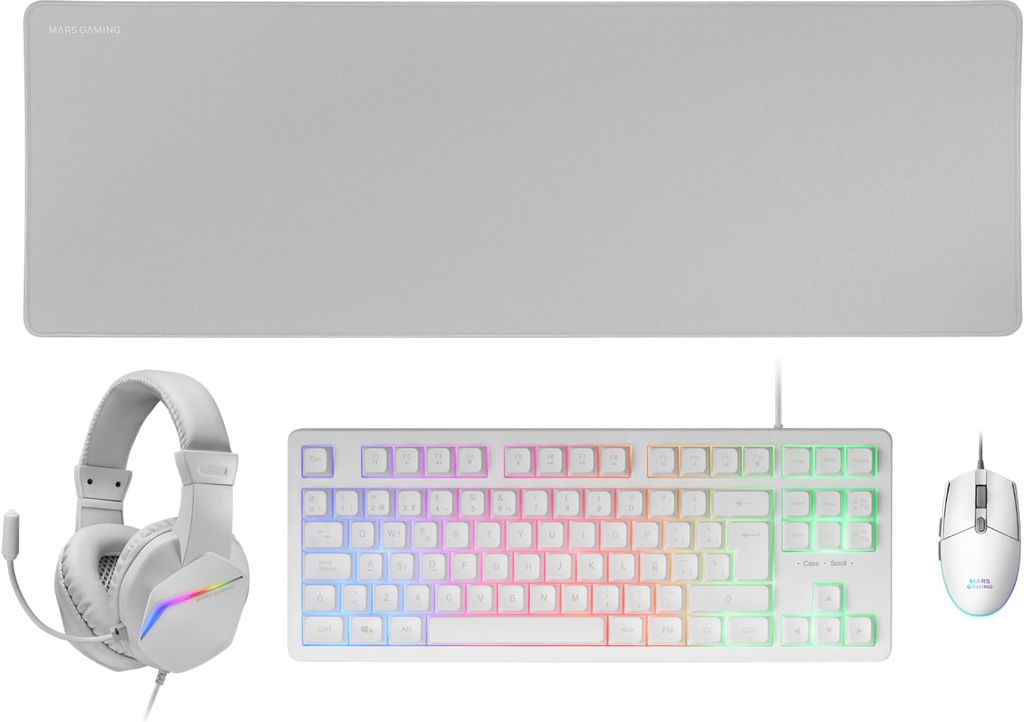 Imagen de: Mars Gaming MCP-RGB3, Pack Gaming Teclado Fixed RGB + Ratón Gaming RGB Flow 3200 dpi + Auriculares Over-Ear RGB + Alfombrilla XXL, Blanco, Idioma Español