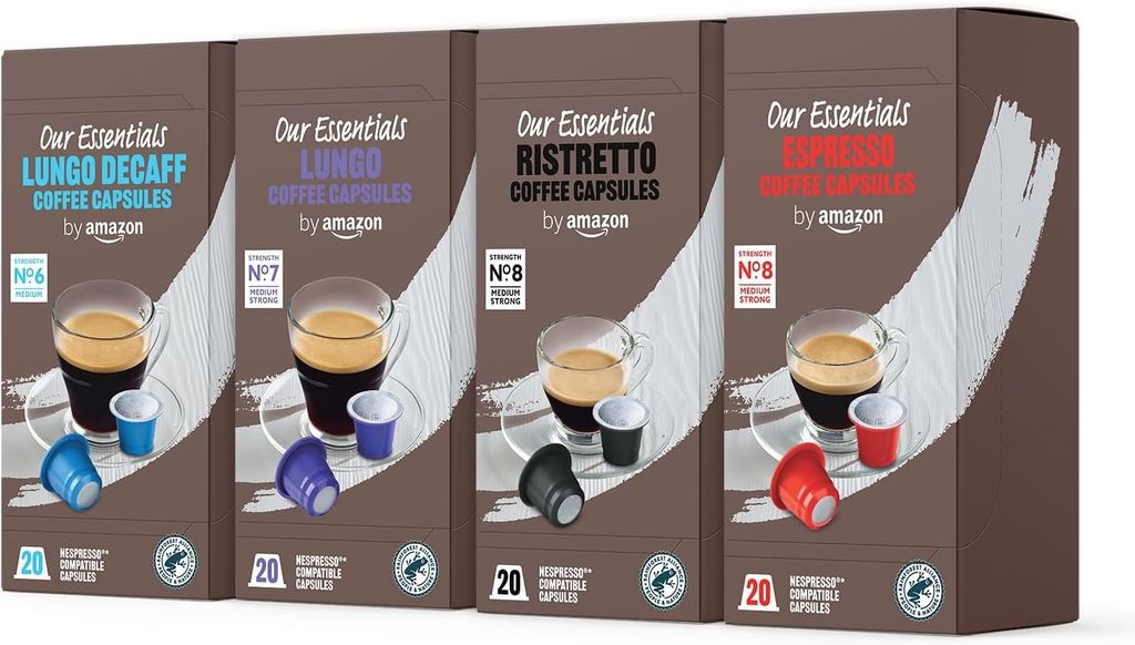 Imagen de: by Amazon Paquete Variado Estándar de Cápsulas de Café Espresso de Plástico Compatibles con Nespresso, Tostado Medio, 80 Unidades (4 Paquetes de 20), Certificadas por Rainforest Alliance