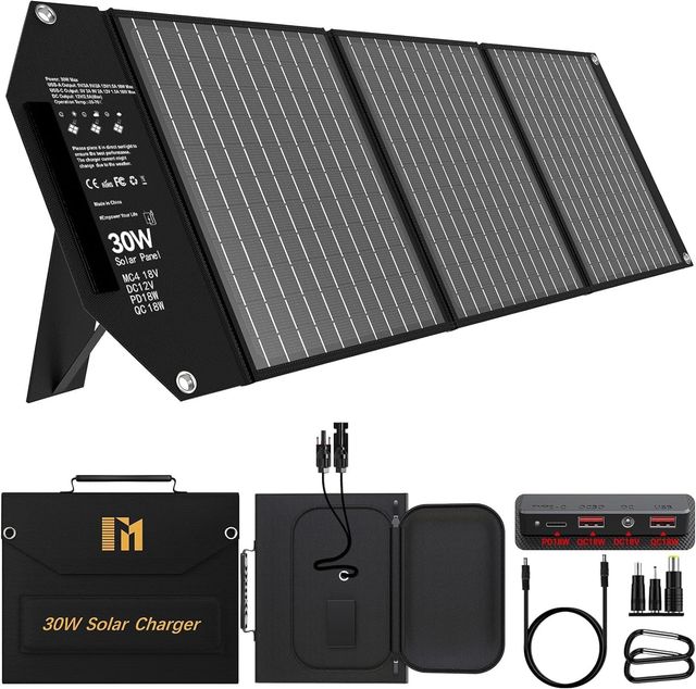 Imagen de la oferta: 30W Placa Solar Portatil con 5 Puertos, 18V MC4 Mayor Salida/18V DC/QC 3.0 USB-A y USB-C (PD 18W) Cargador Solar, Panel Solar Plegable con Soportes, Placas Solares Camper