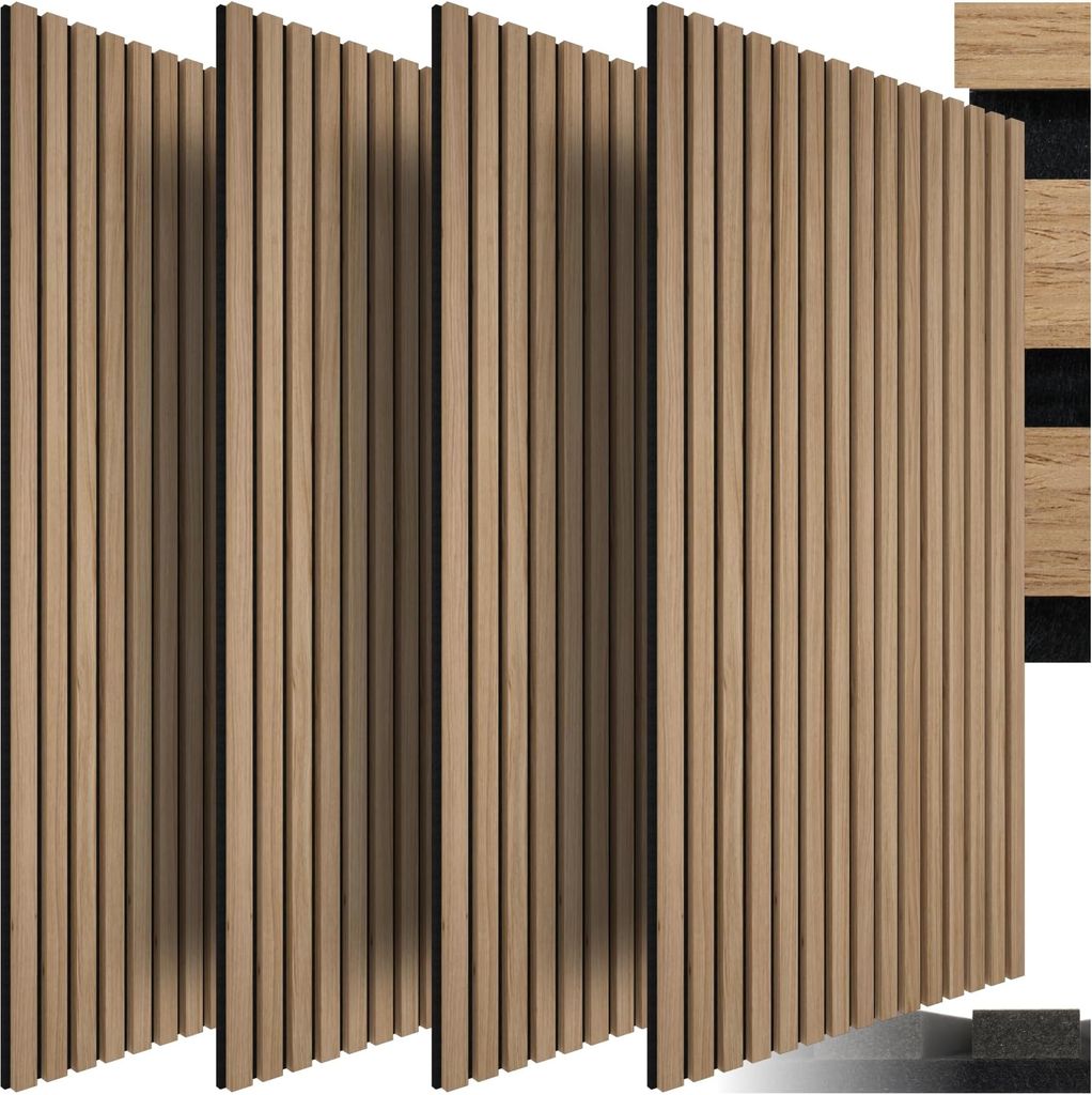 Imagen de: tectake® Paneles Acusticos Decorativos MDF, Chapa de Madera Real, Excelente Acústica, Tejido de Fieltro y Madera, Insonorización Acústica Pared, Listones de Madera - 4 Paneles Roble Claro