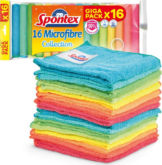 Imagen de la oferta: Spontex Paños de microfibra para limpieza | 16 bayetas Microfibre Collection | Para usar como trapos del polvo y paños de cocina | 30 x 30 cm | Colores surtidos | 16 unidades