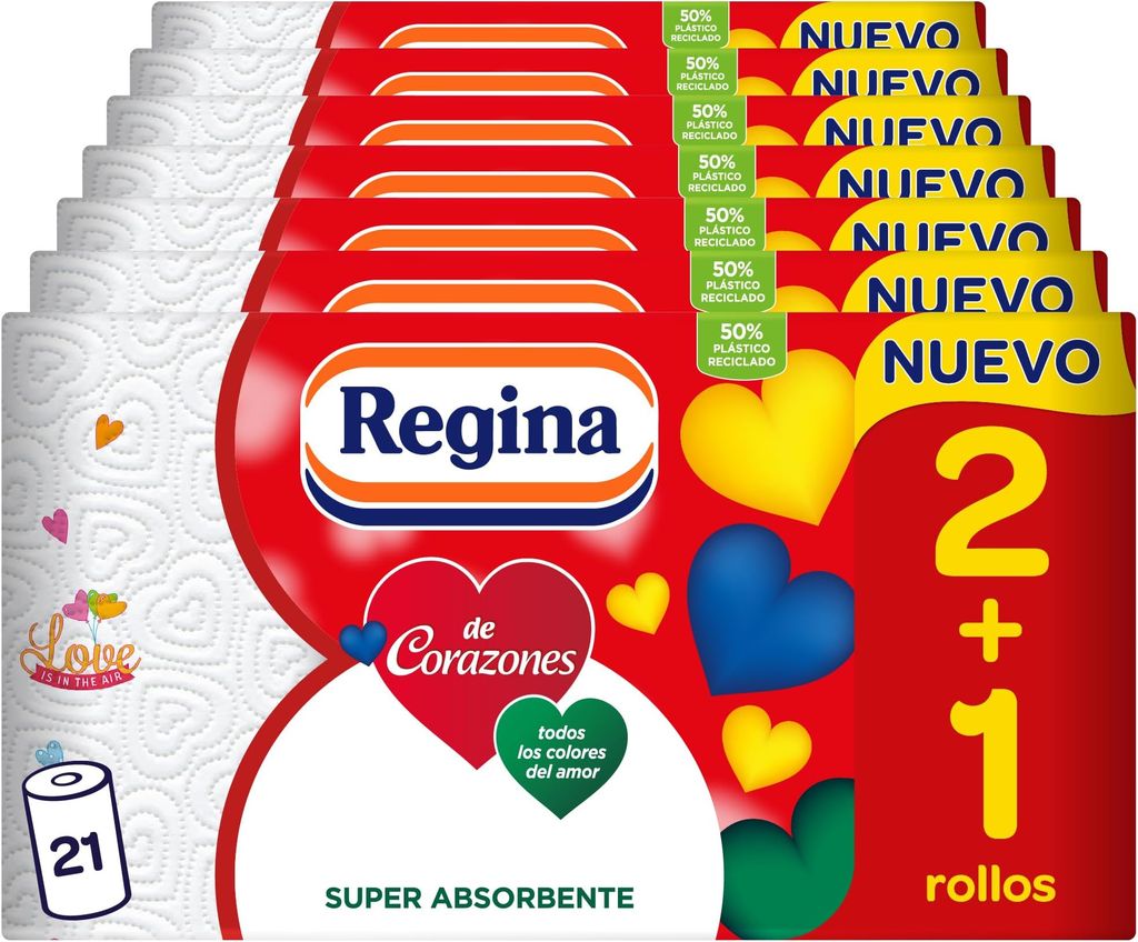 Imagen de: Regina de Corazones Papel Cocina - 21 Rollos, Máxima Absorbencia En Cada Hoja, 58 Hojas De 2 Capas Por Rollo, Color Decorado, Rollo grande