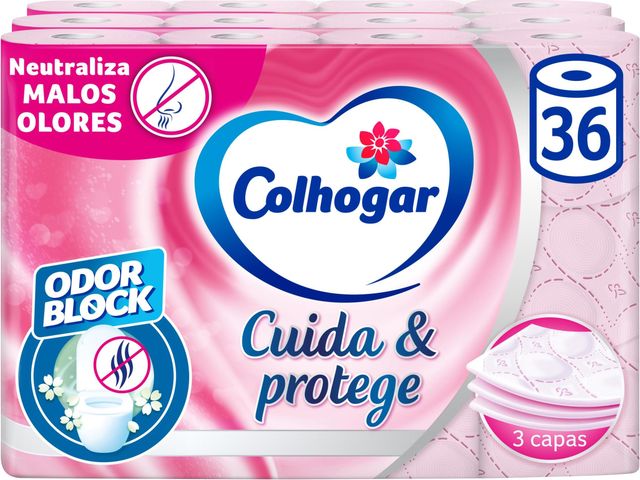 Imagen de la oferta: Colhogar, Cuida&Protege 3 x 12, Papel Higiénico con tecnología Odor Block, neutraliza malos olores, Paquete con 36 Rollos, 3 Capas, rollos color rosa y con una fragancia fresca