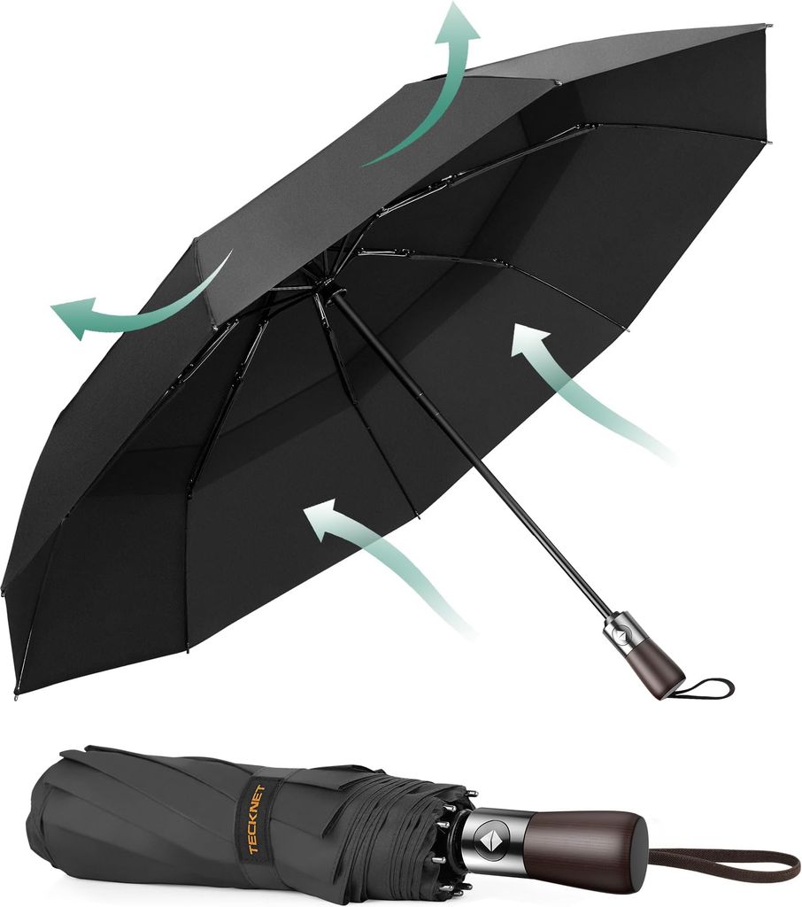Imagen de: TECKNET paraguas plegable, un paraguas plegable antiviento con 9 varillas resistentes y tejido impermeable 210T,Este paraguas automático es adecuado tanto para días soleados como lluviosos