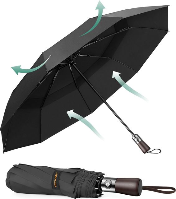 Imagen de la oferta: TECKNET paraguas plegable, un paraguas plegable antiviento con 9 varillas resistentes y tejido impermeable 210T,Este paraguas automático es adecuado tanto para días soleados como lluviosos