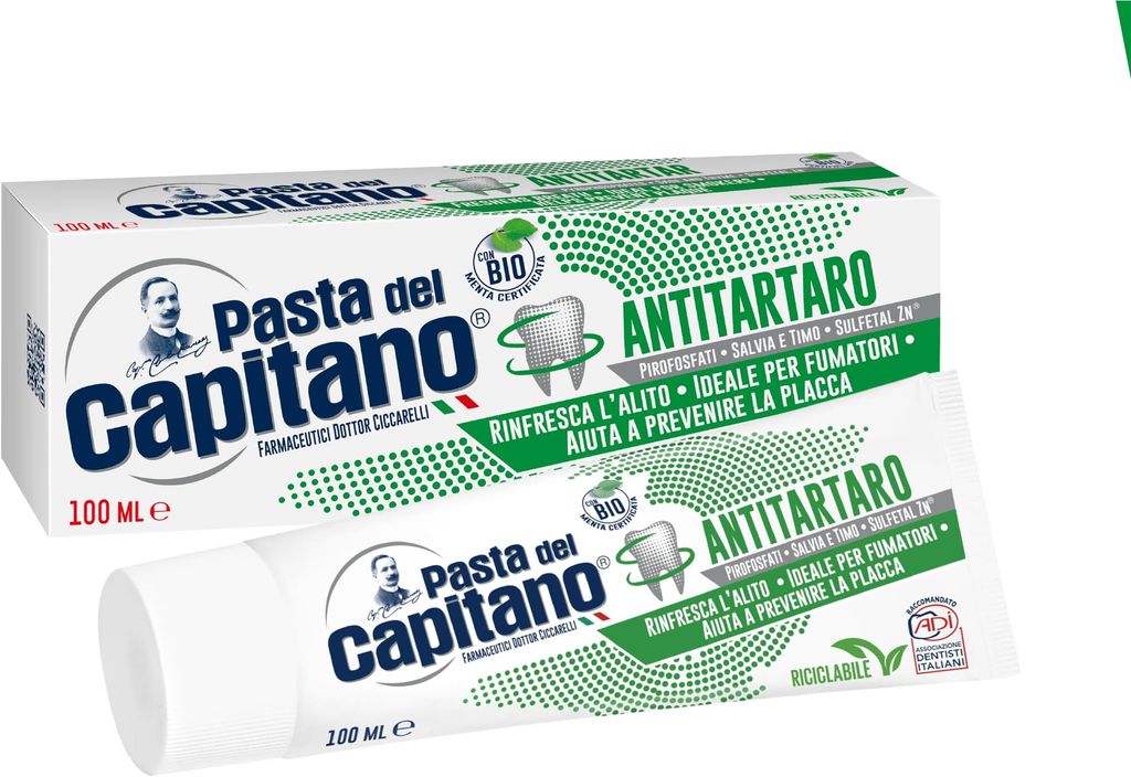 Imagen de: Pasta del Capitano, Dentífrico Antitártaro Bio, Brinda Frescura y Refresca el Aliento, Ideal para Fumadores, Ayuda a Prevenir la Placa, 100% Made in Italy, Tubo de 100 ml