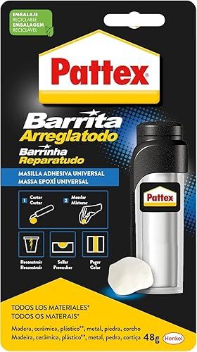 Imagen de la oferta: Pattex Barrita Arreglatodo, masilla bicomponente extrafuerte, pasta moldeable para pegar y reparar, resina epoxi barnizable y lijable para múltiples materiales, tubo 48 g