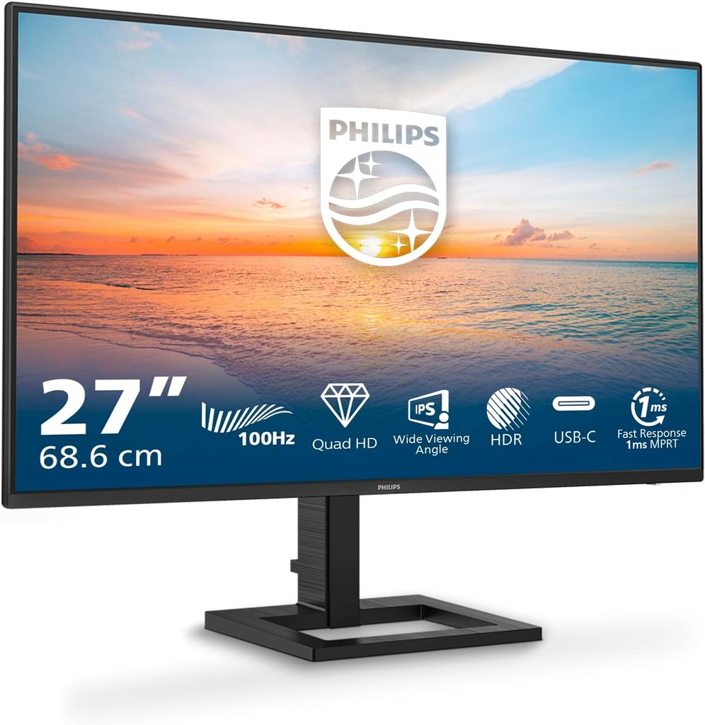 Imagen de: Philips 27E1N1600AM - Monitor Quad HD de 27 Pulgadas, Altavoces, Altura Regulable (2560x1440, 100Hz, HDMI 1.4, USB-C (65W PD), Hub USB) Negro