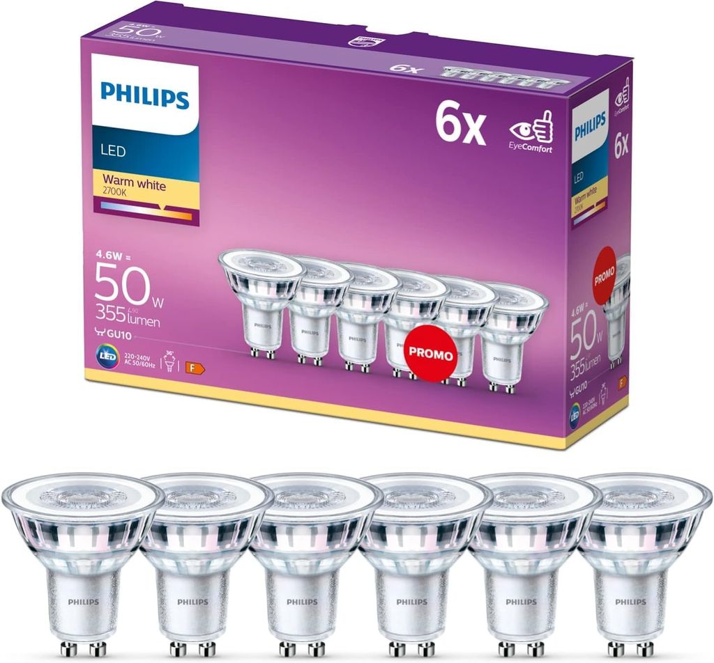 Imagen de: Philips - Bombilla LED cristal 50W, GU10, luz blanca cálida, transparente, no regulable, pack 6 [Clase de eficiencia energética F]
