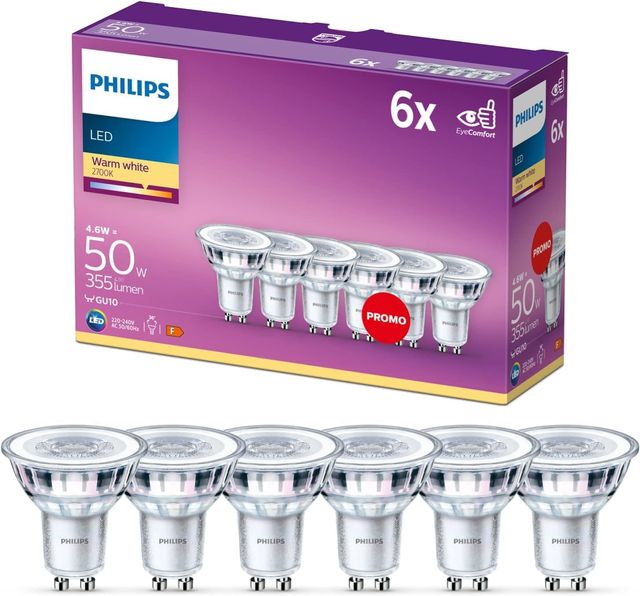 Imagen de la oferta: Philips - Bombilla LED cristal 50W, GU10, luz blanca cálida, transparente, no regulable, pack 6 [Clase de eficiencia energética F]
