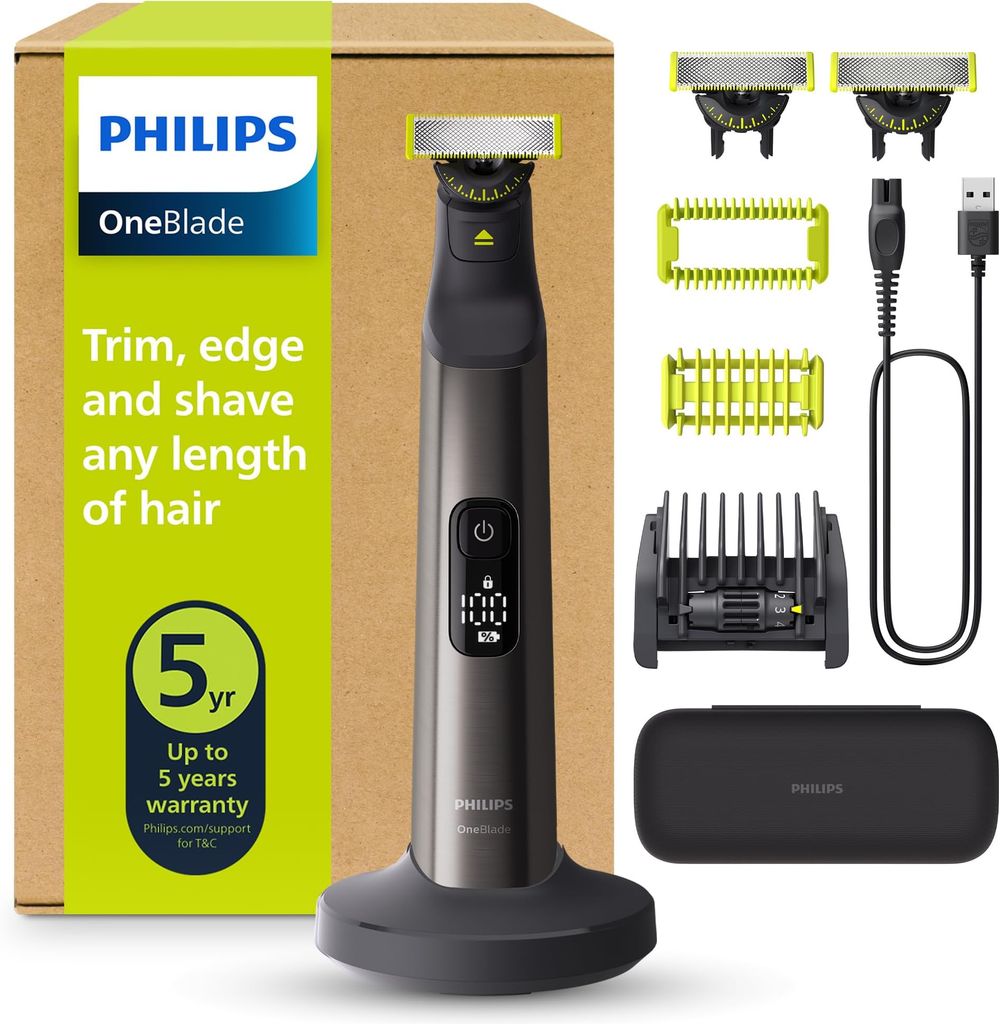 Imagen de: Philips OneBlade Pro 360 Barbero, afeitadora y recortadora eléctrica facial y corporal, 3 cuchillas 360º, peine de 20 longitudes, kit corporal, soporte de carga, estuche de viaje, Negro, QP6652/35