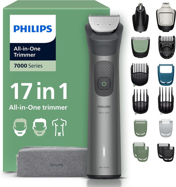 Imagen de la oferta: Philips Recortadora todo en uno de 17 en 1 Serie 7000 - Afeitadora y cortapelos hombre para rostro, cabeza y cuerpo, cuchillas de acero autoafilables, 26 longitudes, recargable, MG7961/15
