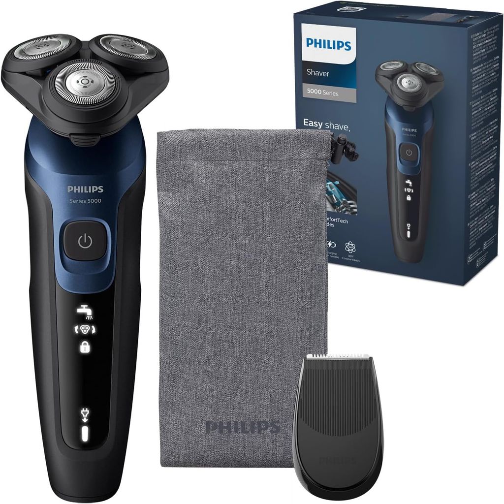 Imagen de: Philips Serie 5000 Afeitadora Eléctrica Hombre, Máquina de Afeitar Barba con recortadora, 27 cuchillas, Cabezal flexible 360º, 50min de uso, En Seco y Húmedo, Recargable, Funda, S5465/18, Azul Metal