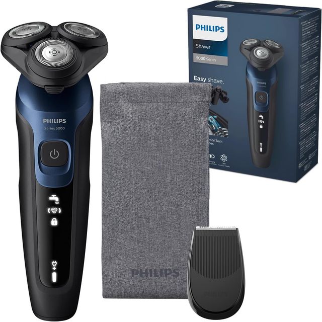 Imagen de la oferta: Philips Serie 5000 Afeitadora Eléctrica Hombre, Máquina de Afeitar Barba con recortadora, 27 cuchillas, Cabezal flexible 360º, 50min de uso, En Seco y Húmedo, Recargable, Funda, S5465/18, Azul Metal